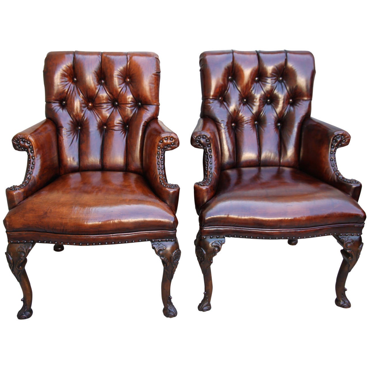English Leather Queen Anne Style Armchairs at 1stDibs