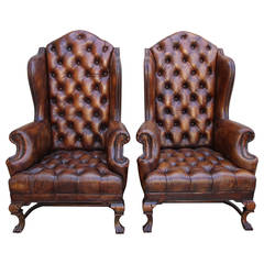 Antique Pair of English Leather Tufted Armchairs