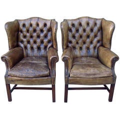 Antique Leather Wingback Chairs, Pair