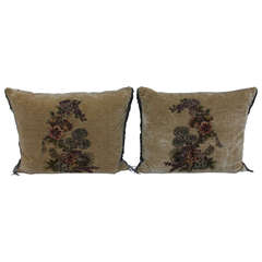 Antique Pair of Metallic and Chenille Appliqued Linen Velvet Pillows