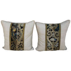Pair of 18th Century French Tapestry Pillows on Linen Textile