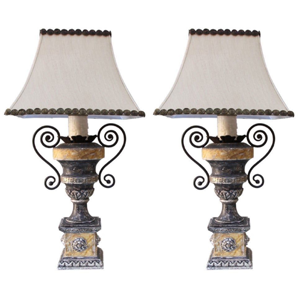 Pair of Italian Neoclassical Lamps with Custom Shades