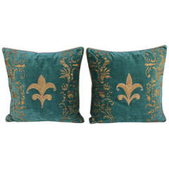 Pair of Fleur de Lis Appliqued Stenciled Pillows