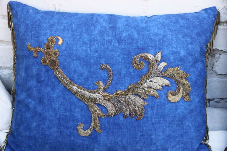 French Pair of Metallic Appliqued Blue Linen Pillows by Melissa Levinson