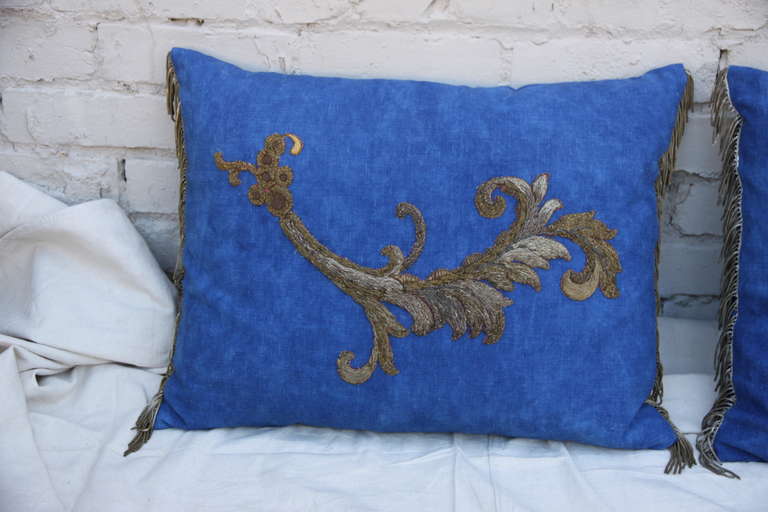 Rococo Pair of Metallic Appliqued Blue Linen Pillows by Melissa Levinson