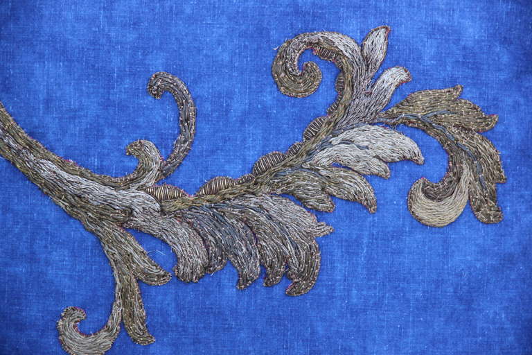 19th Century Pair of Metallic Appliqued Blue Linen Pillows by Melissa Levinson