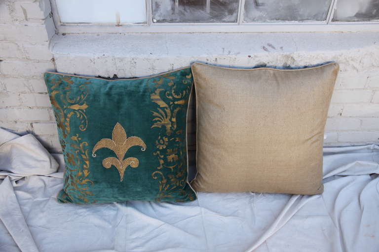 Pair of Fleur de Lis Appliqued Stenciled Pillows 1