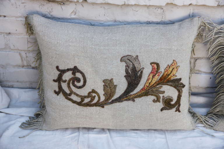 Rococo Pair of Antique Appliqued Belgium Linen Pillows