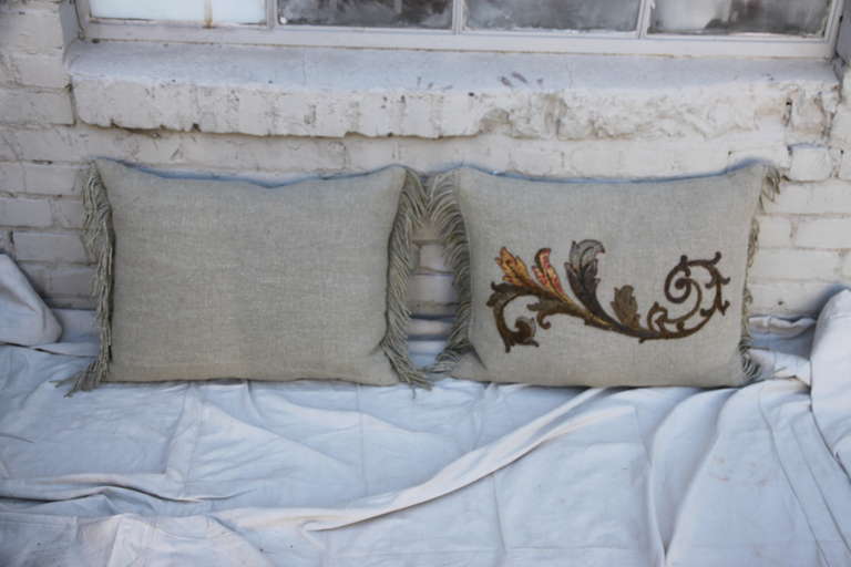 Silk Pair of Antique Appliqued Belgium Linen Pillows