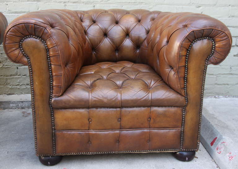 English Pair of Vintage Leather Tufted Chesterfield Armchairs