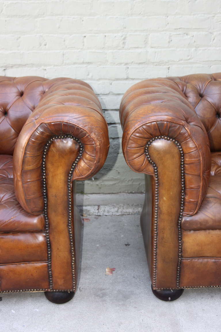 Pair of Vintage Leather Tufted Chesterfield Armchairs 1