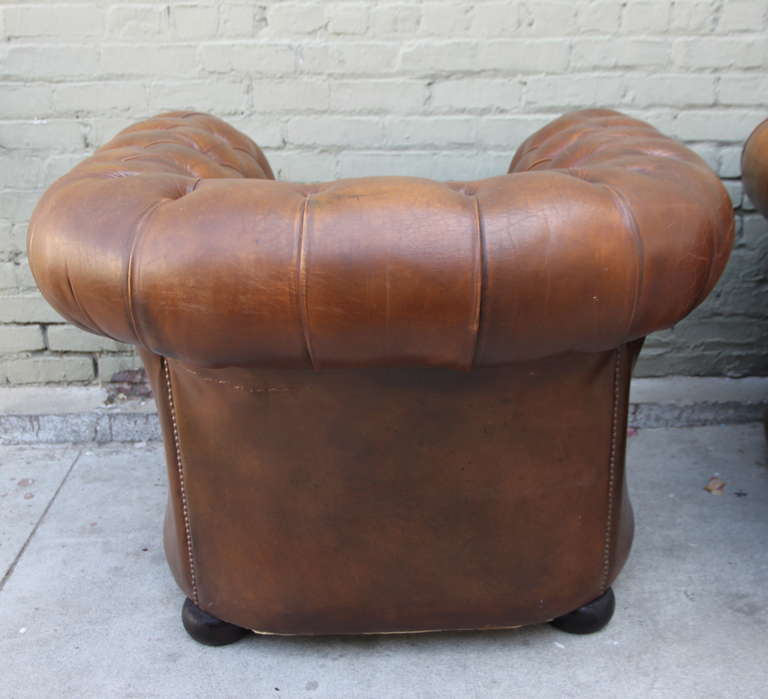Mid-20th Century Pair of Vintage Leather Tufted Chesterfield Armchairs