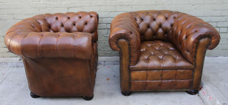 Pair of Vintage Leather Tufted Chesterfield Armchairs In Distressed Condition In Los Angeles, CA