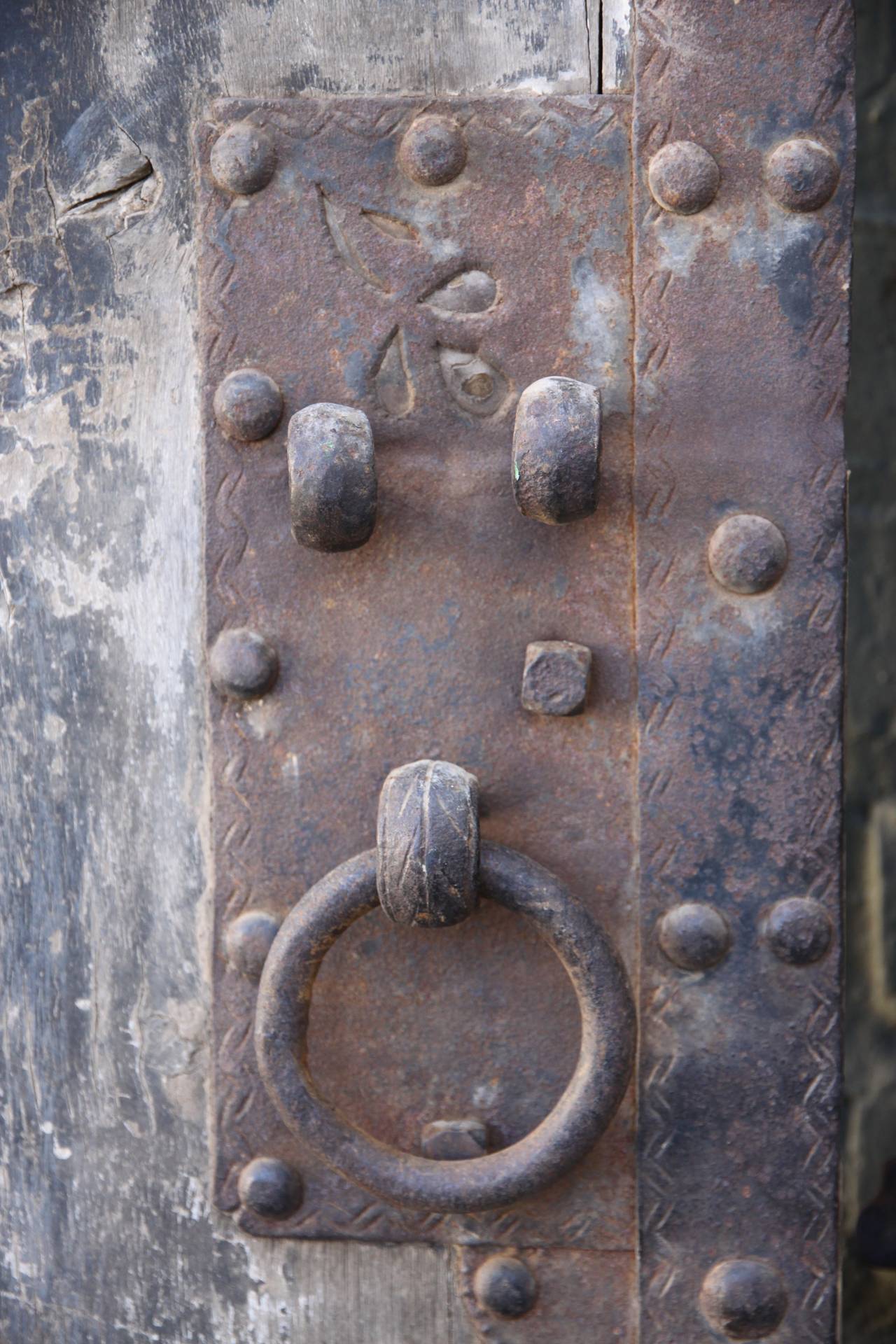 Japanese Pair of Asian Painted and Metal Doors