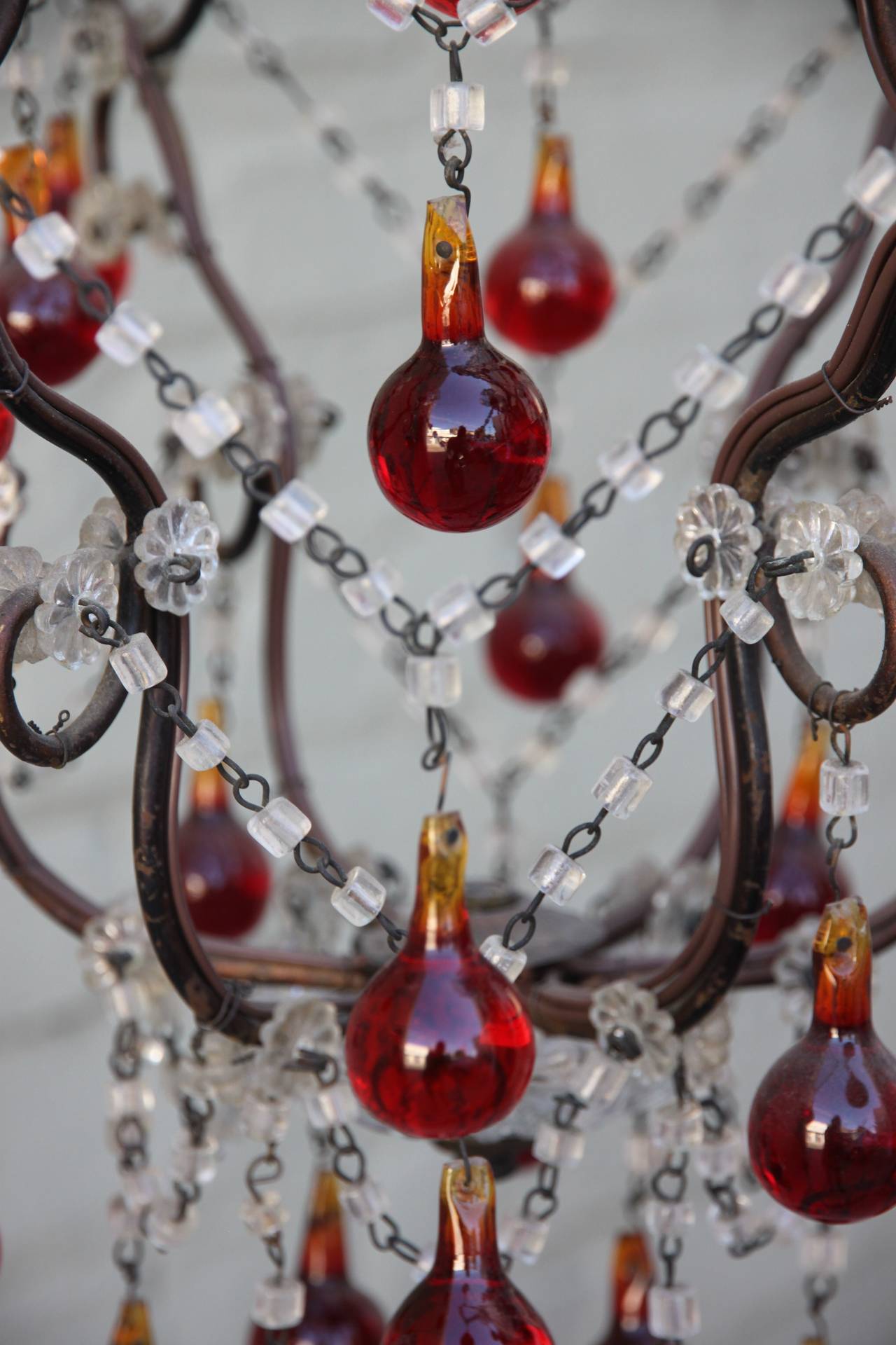 Rococo Italian Crystal Ruby Red Beaded 6-light Chandelier