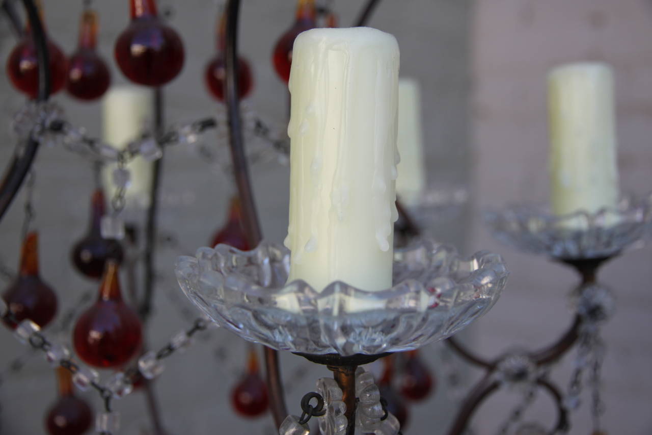 Italian Crystal Ruby Red Beaded 6-light Chandelier In Excellent Condition In Los Angeles, CA