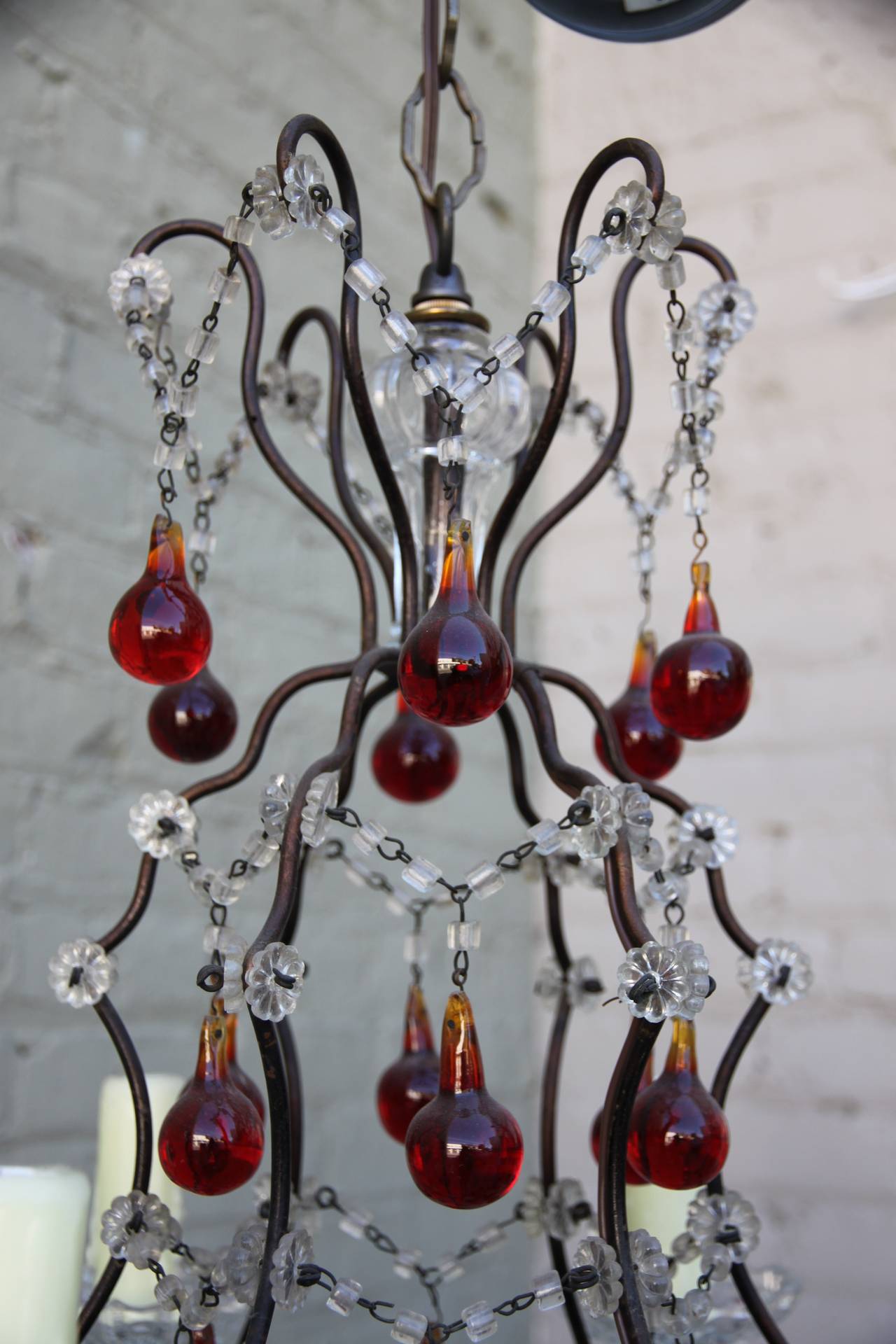 Mid-20th Century Italian Crystal Ruby Red Beaded 6-light Chandelier