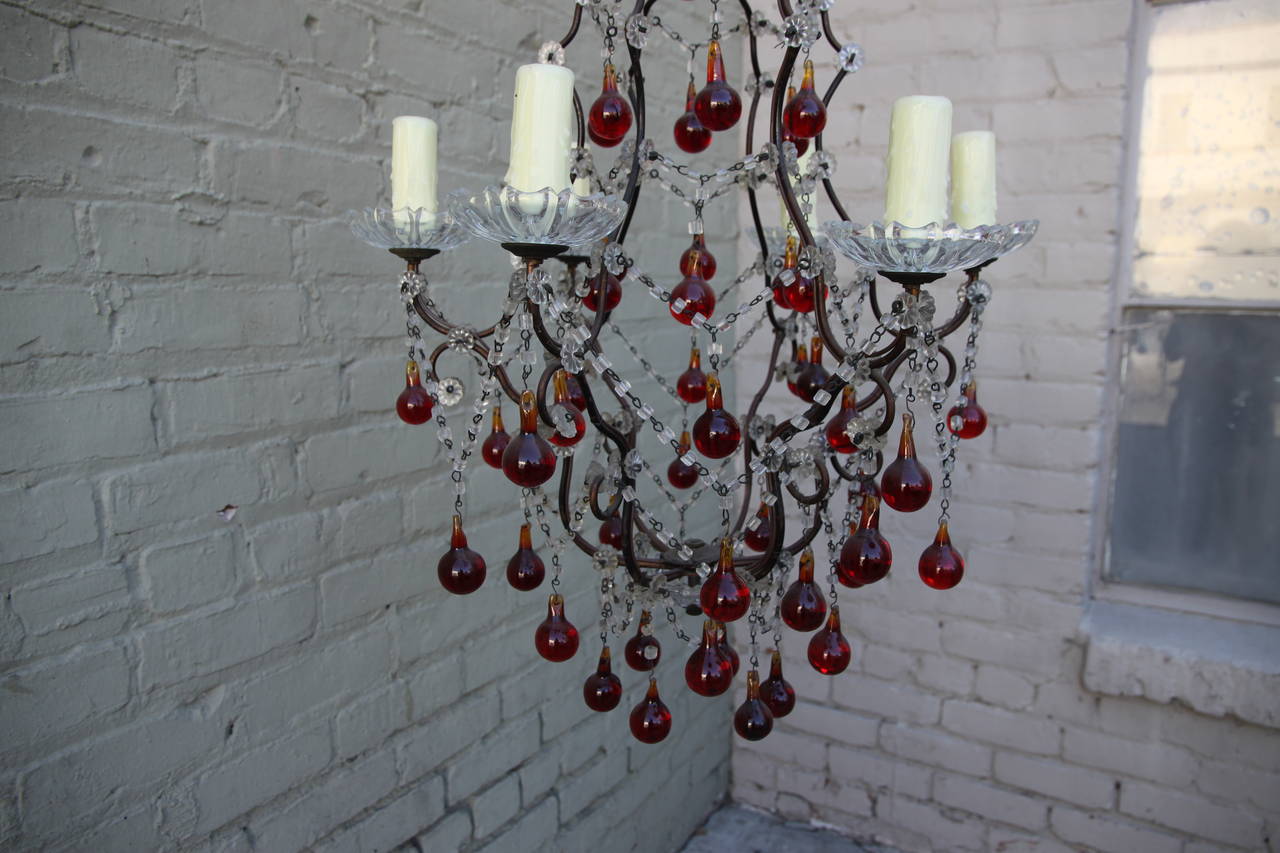 Italian Crystal Ruby Red Beaded 6-light Chandelier 1