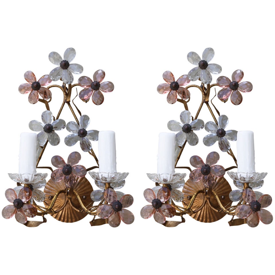 Pair of Italian Floral Crystal Sconces