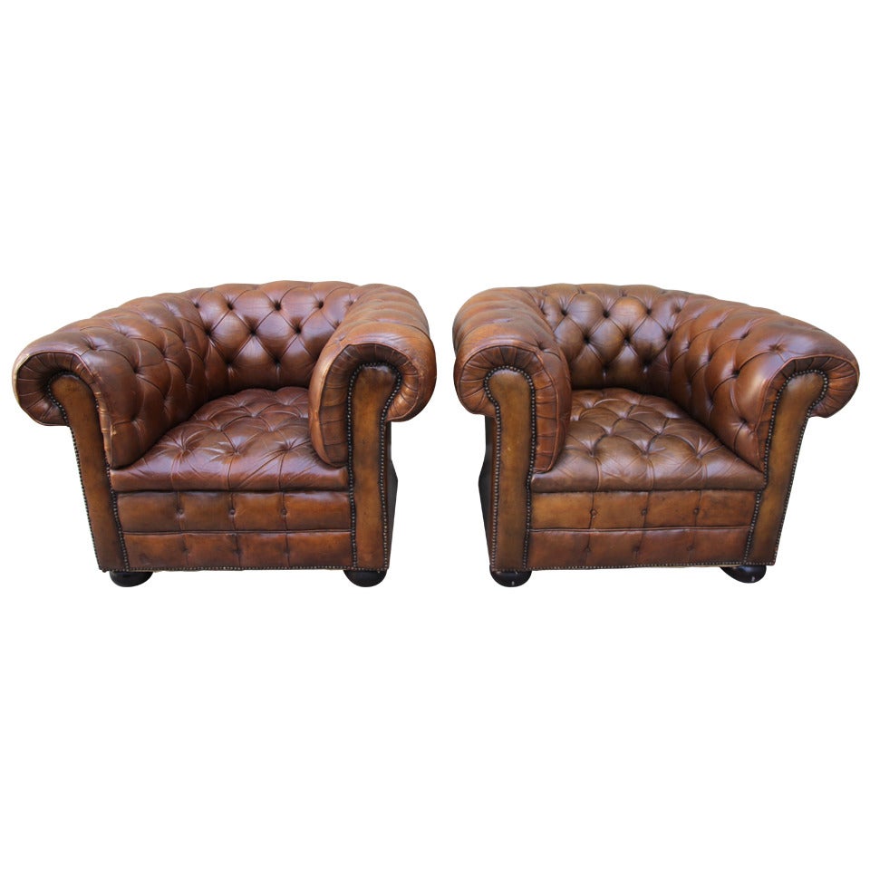 Pair of Vintage Leather Tufted Chesterfield Armchairs