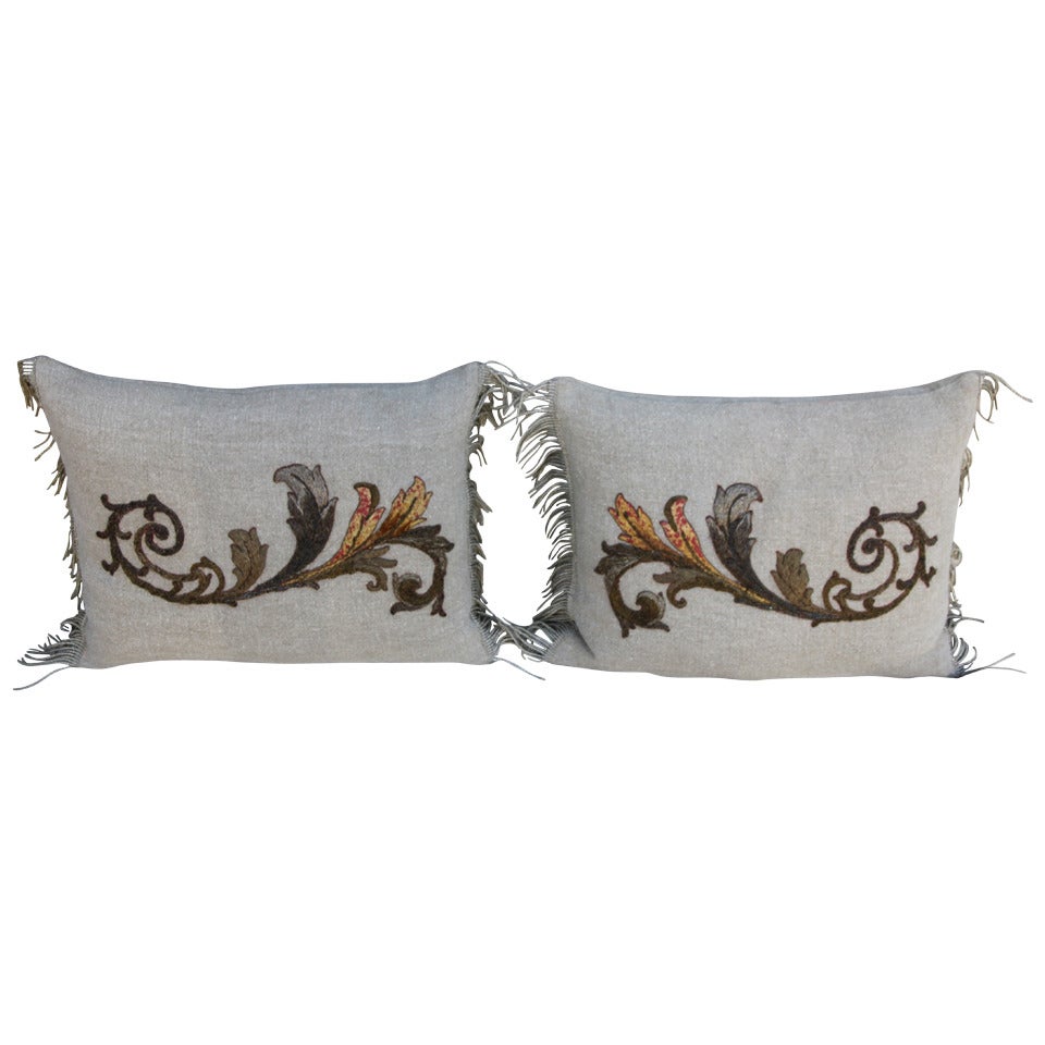 Pair of Antique Appliqued Belgium Linen Pillows