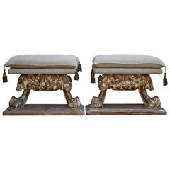 Pair of Italian Carved Benches with Linen Cushions