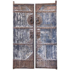 Antique Pair of Asian Painted and Metal Doors