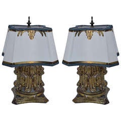 Pair of Antique Giltwood Lamps with Parchment Shades