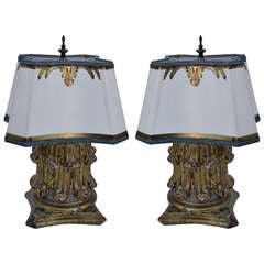 Pair of Antique Giltwood Lamps with Parchment Shades