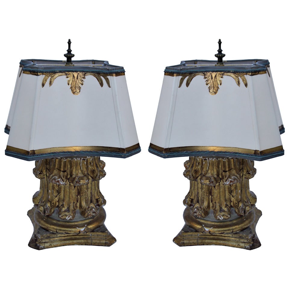 Pair of Antique Giltwood Lamps with Parchment Shades