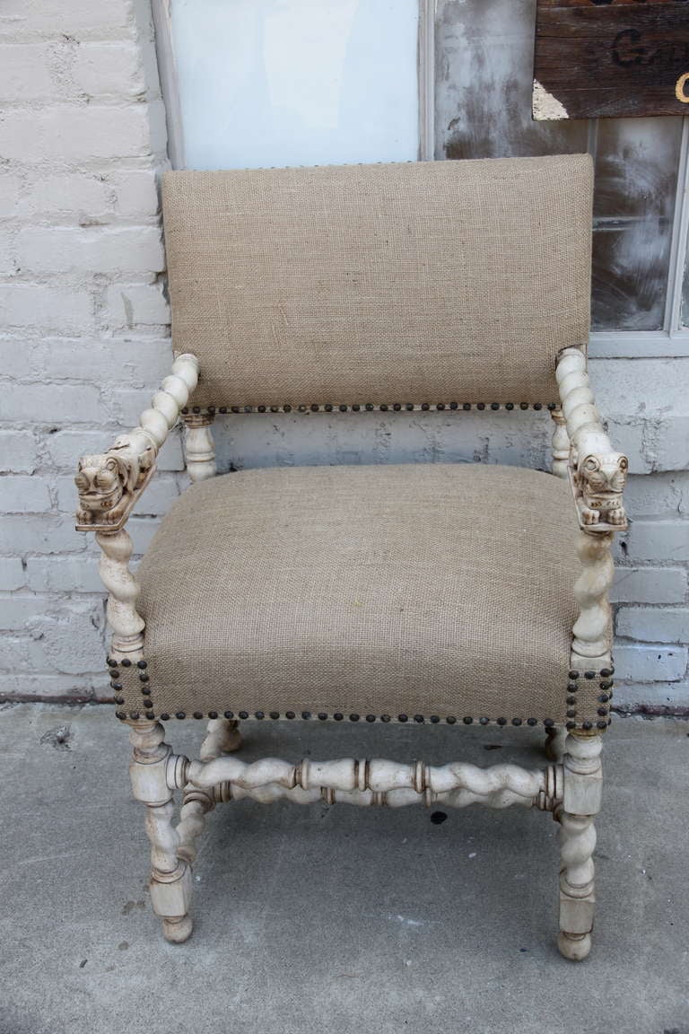 Pair of Italian painted armchairs in a barley twist design.  The chairs are newly upholstered in burlap fabric with antique brass nailhead trim detail.