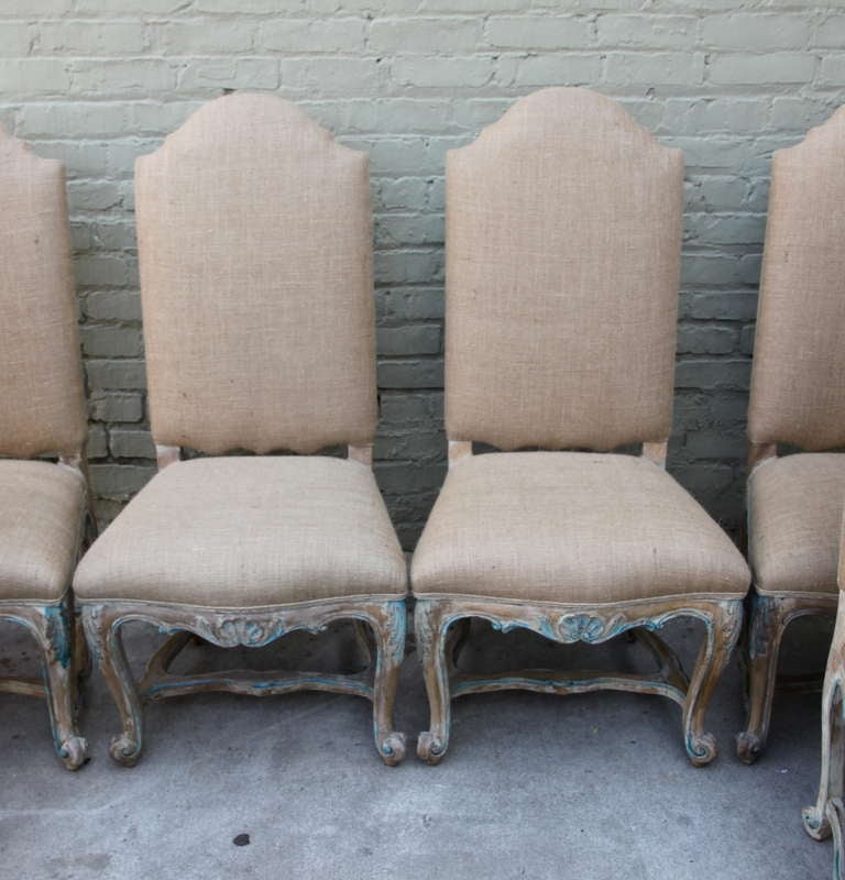 Louis XVI (8) French Painted & Bulap Dining Chairs