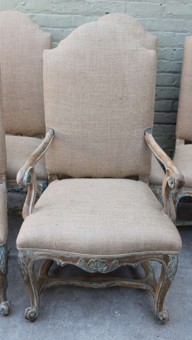 (8) French Painted & Bulap Dining Chairs In Distressed Condition In Los Angeles, CA