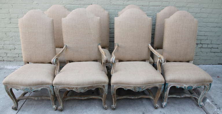 Set of (8) French carved blue & antique white painted chairs, (2) Armchairs, (6) sidechairs. Newly upholstered in burlap upholstery with self welt detail.