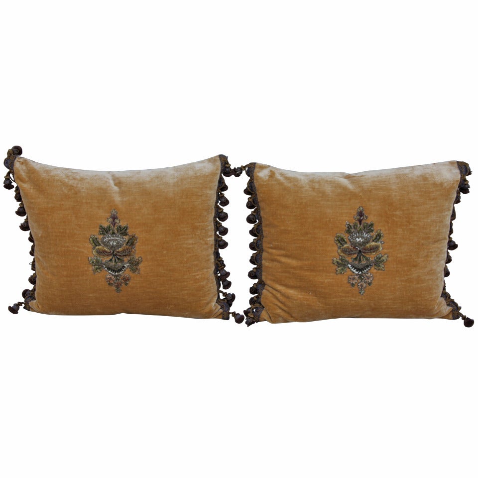 19th Century Metallic and Chenille Appliqued Pillows