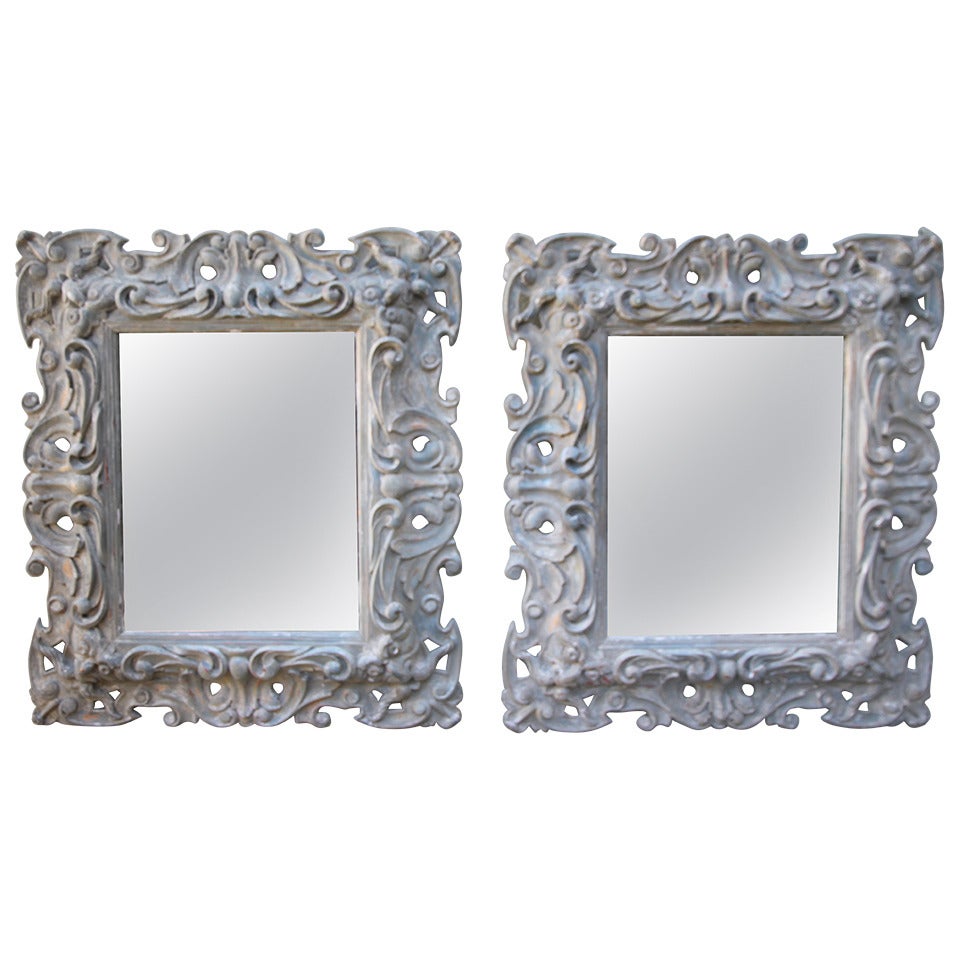Pair of Italian Painted Carved Mirrors with Bevel