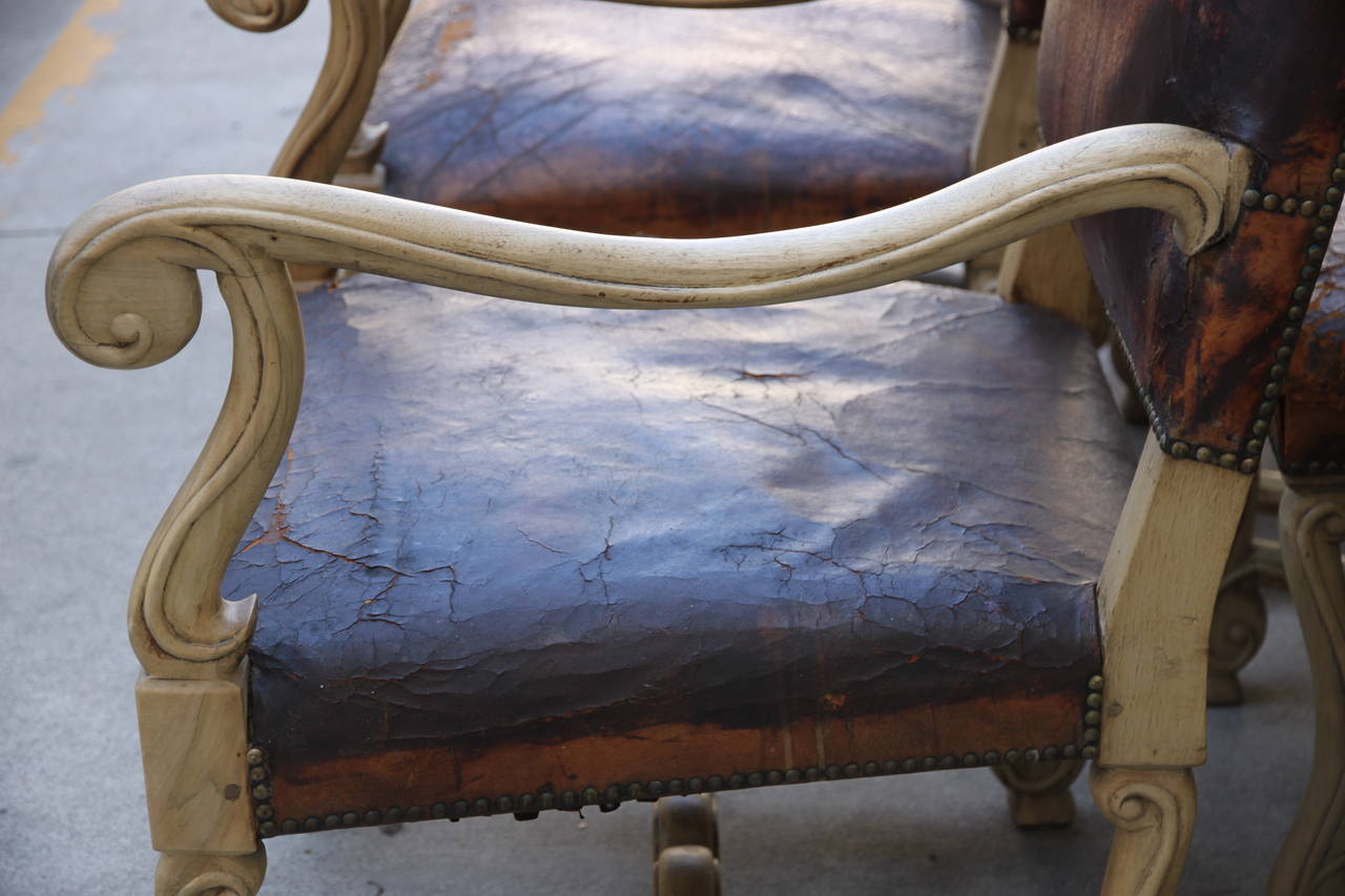 Bleached Set of Eight Spanish Leather Dining Chairs