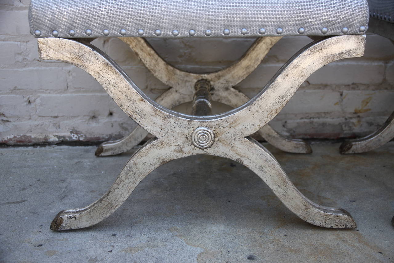 Italian Silvered Benches with Snake Patterned Suede Upholstery
