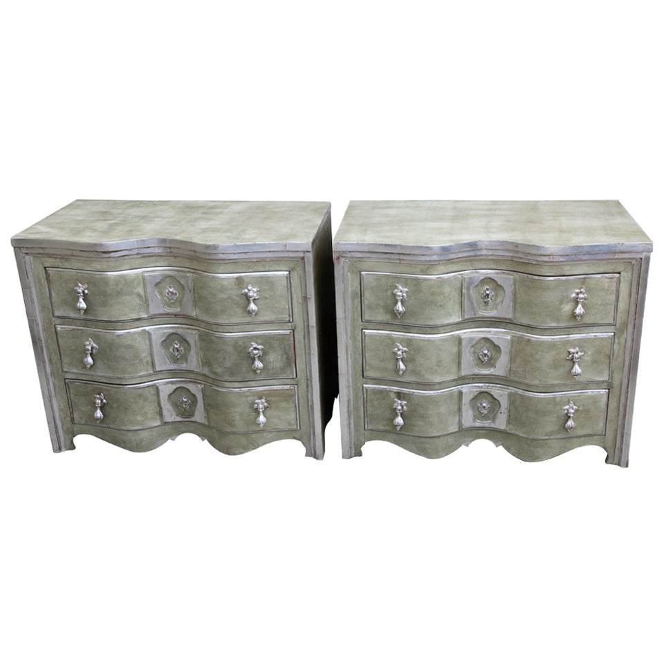 Pair of Painted and Silver Gilt Commodes