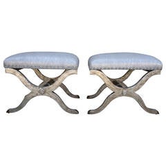 Silvered Benches with Snake Patterned Suede Upholstery