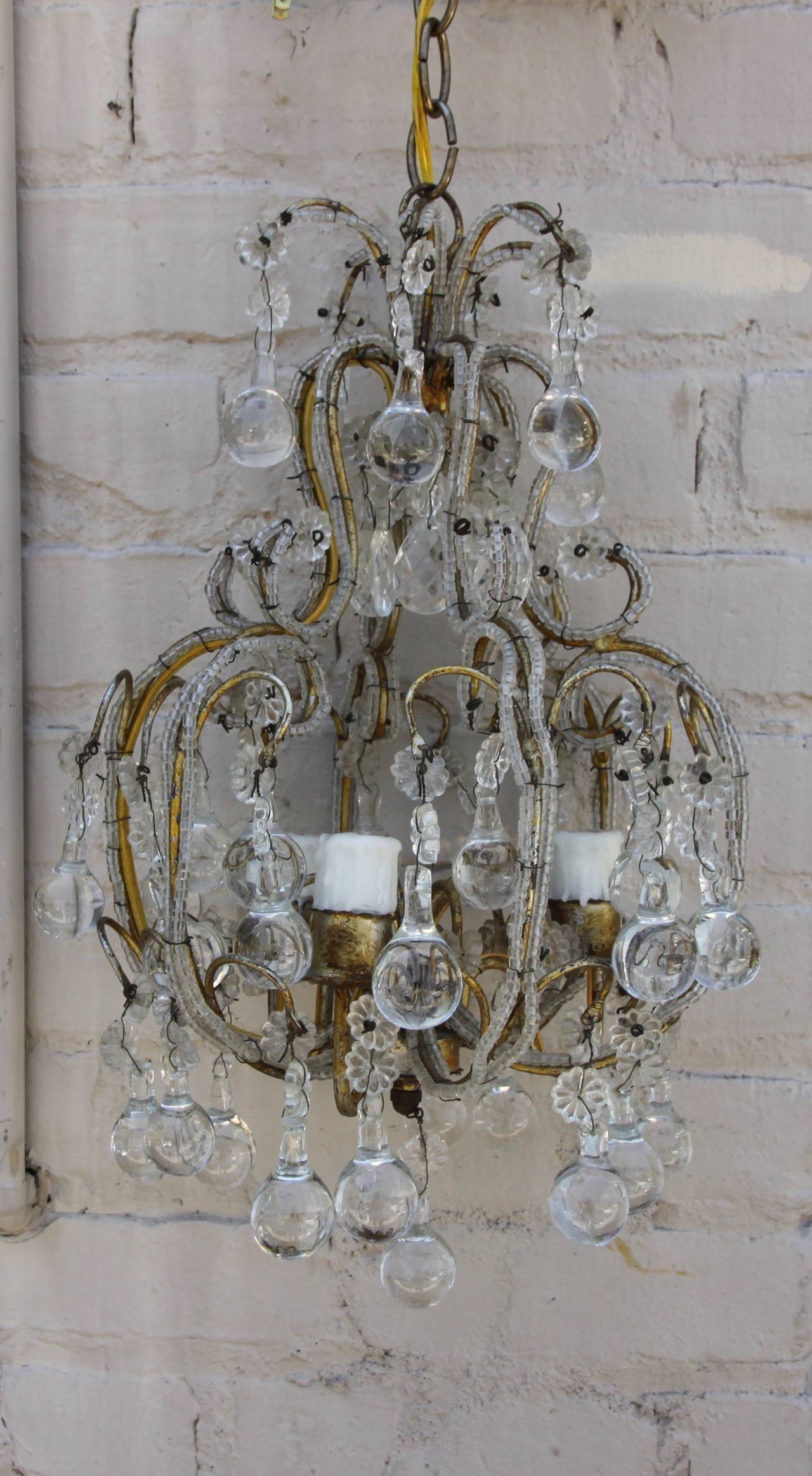 Mid-20th Century French Crystal Beaded Three-Light Chandelier