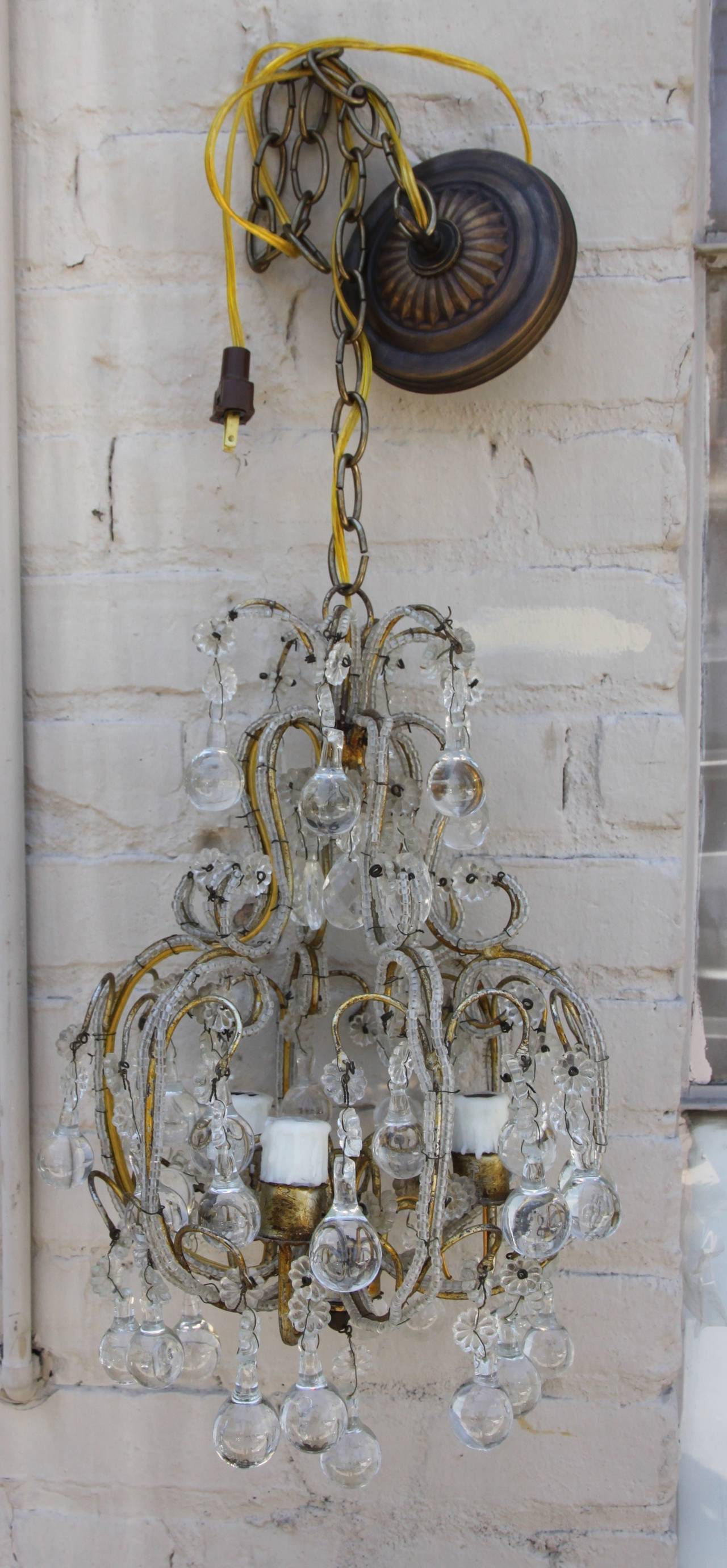 French Crystal Beaded Three-Light Chandelier In Excellent Condition In Los Angeles, CA