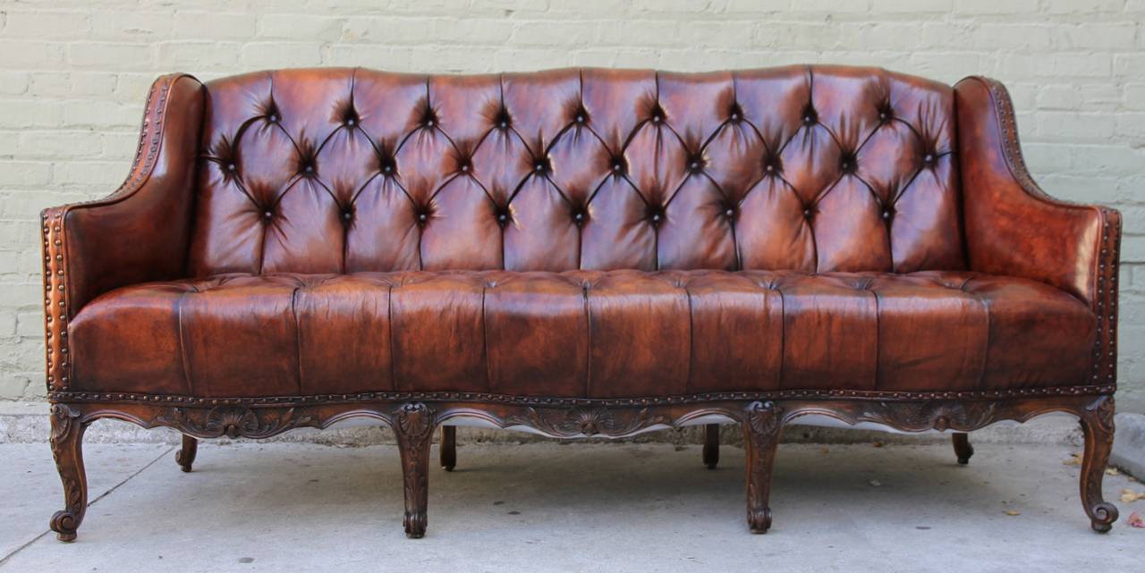 French Provincial 19th Century French Leather Tufted Sofa