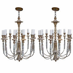 Pair of Carved Italian Wood & Iron Chandeliers