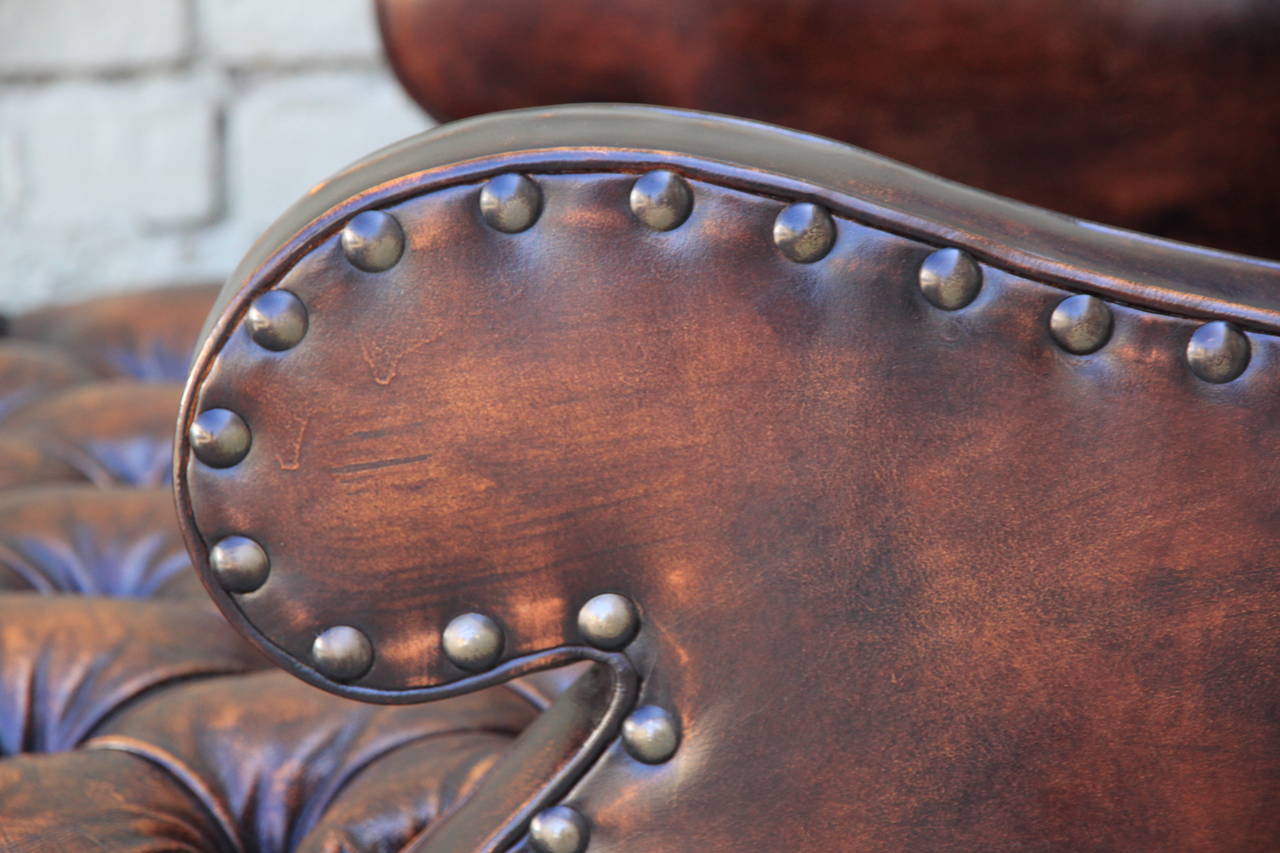 Unknown Pair of Leather Tufted Chaises with Nailheads