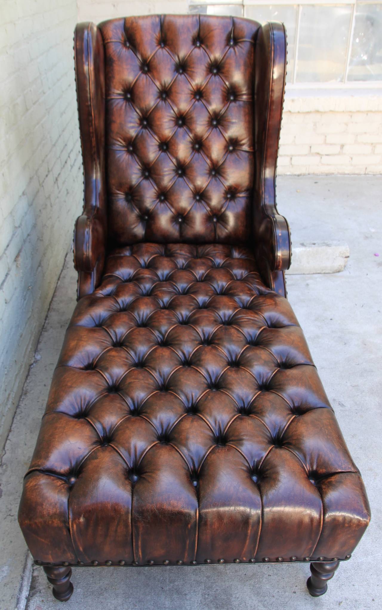 Pair of Leather Tufted Chaises with Nailheads 1