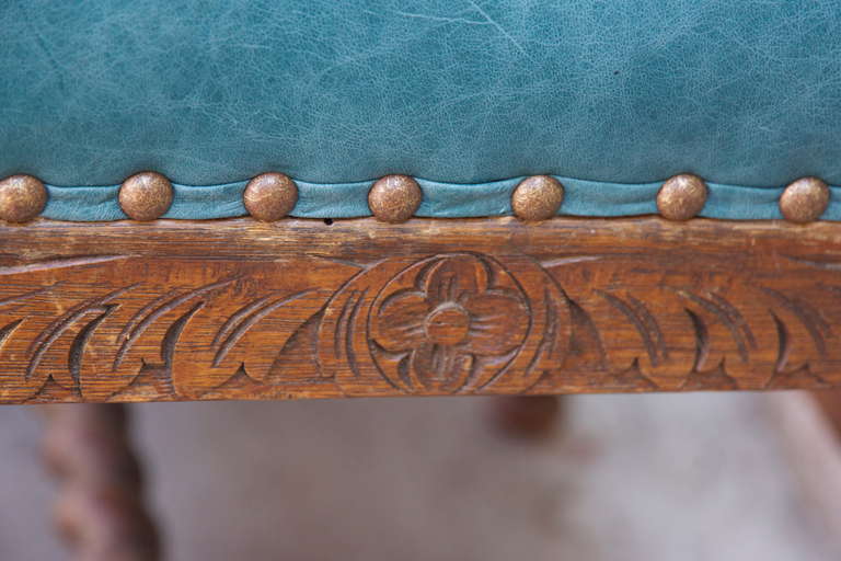 20th Century A Charles II Style Carved Leather Upholstered Bench