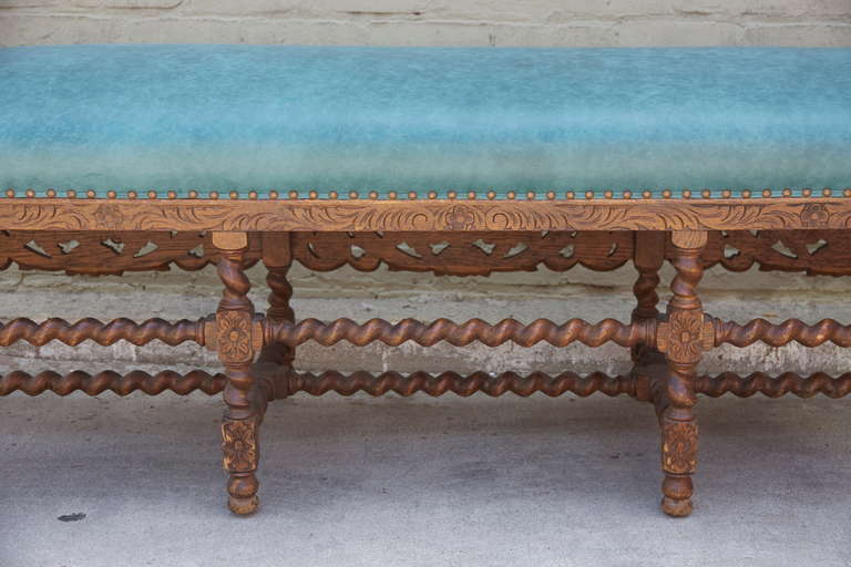 English A Charles II Style Carved Leather Upholstered Bench