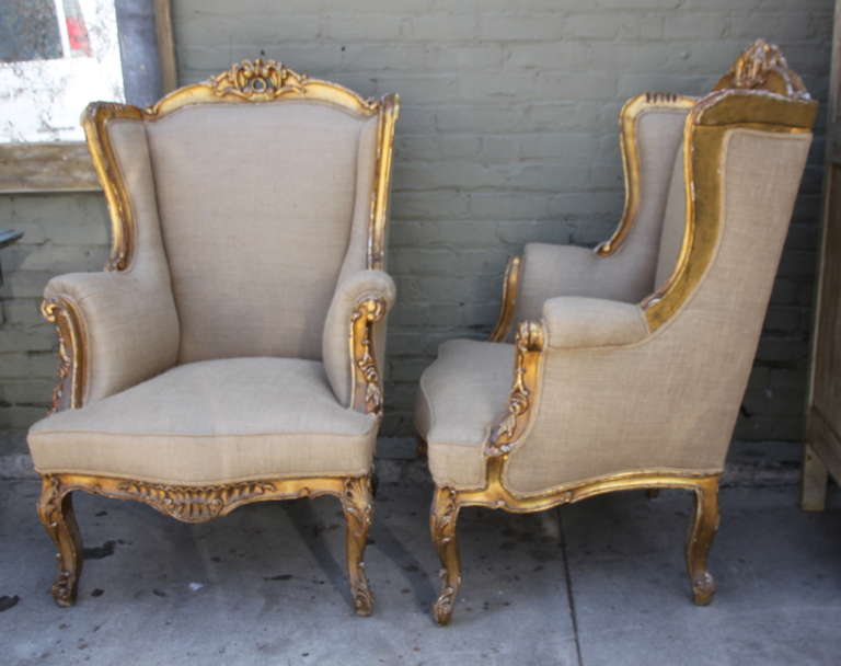Louis XV Pair of 19th Century French Giltwood Bergeres