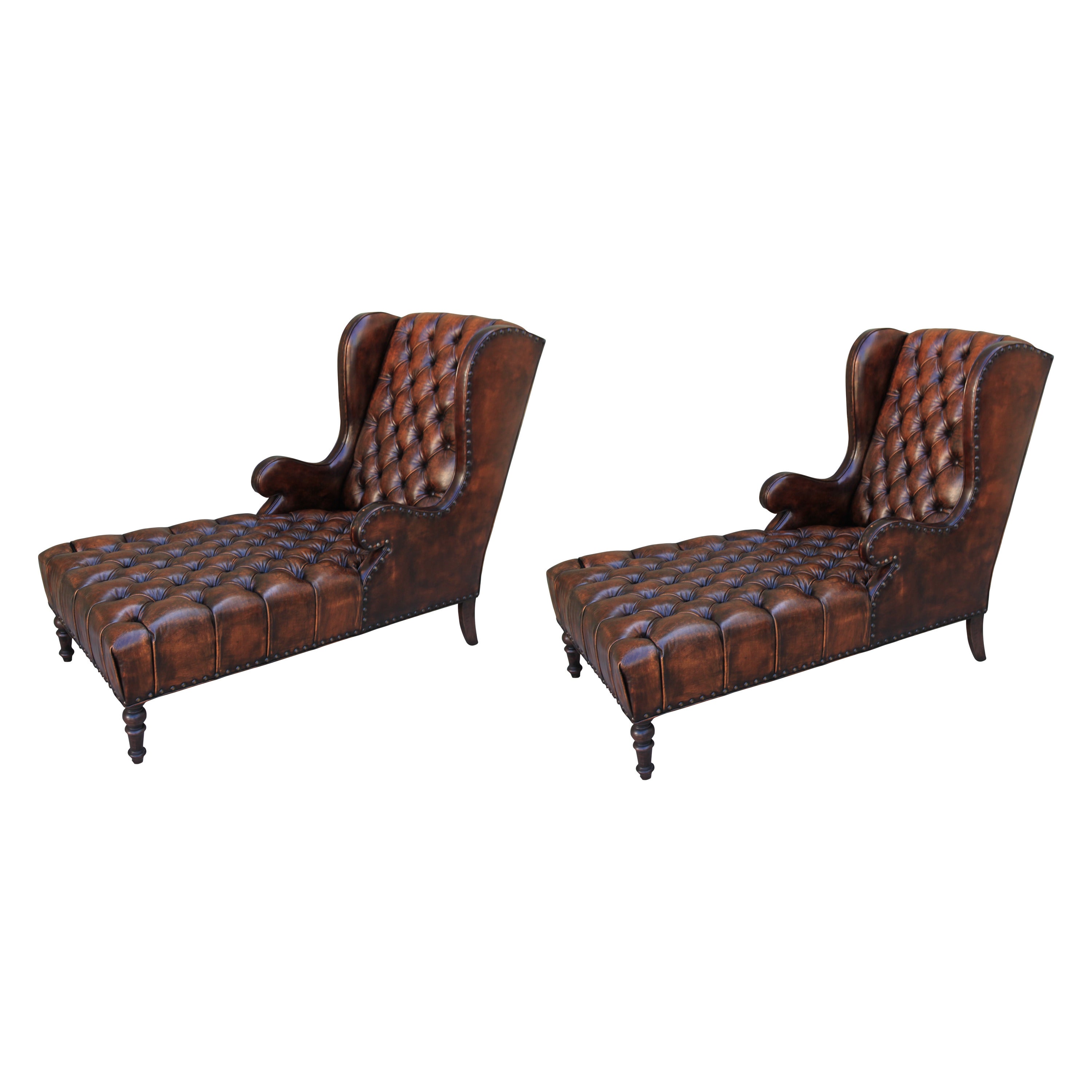 Pair of Leather Tufted Chaises with Nailheads